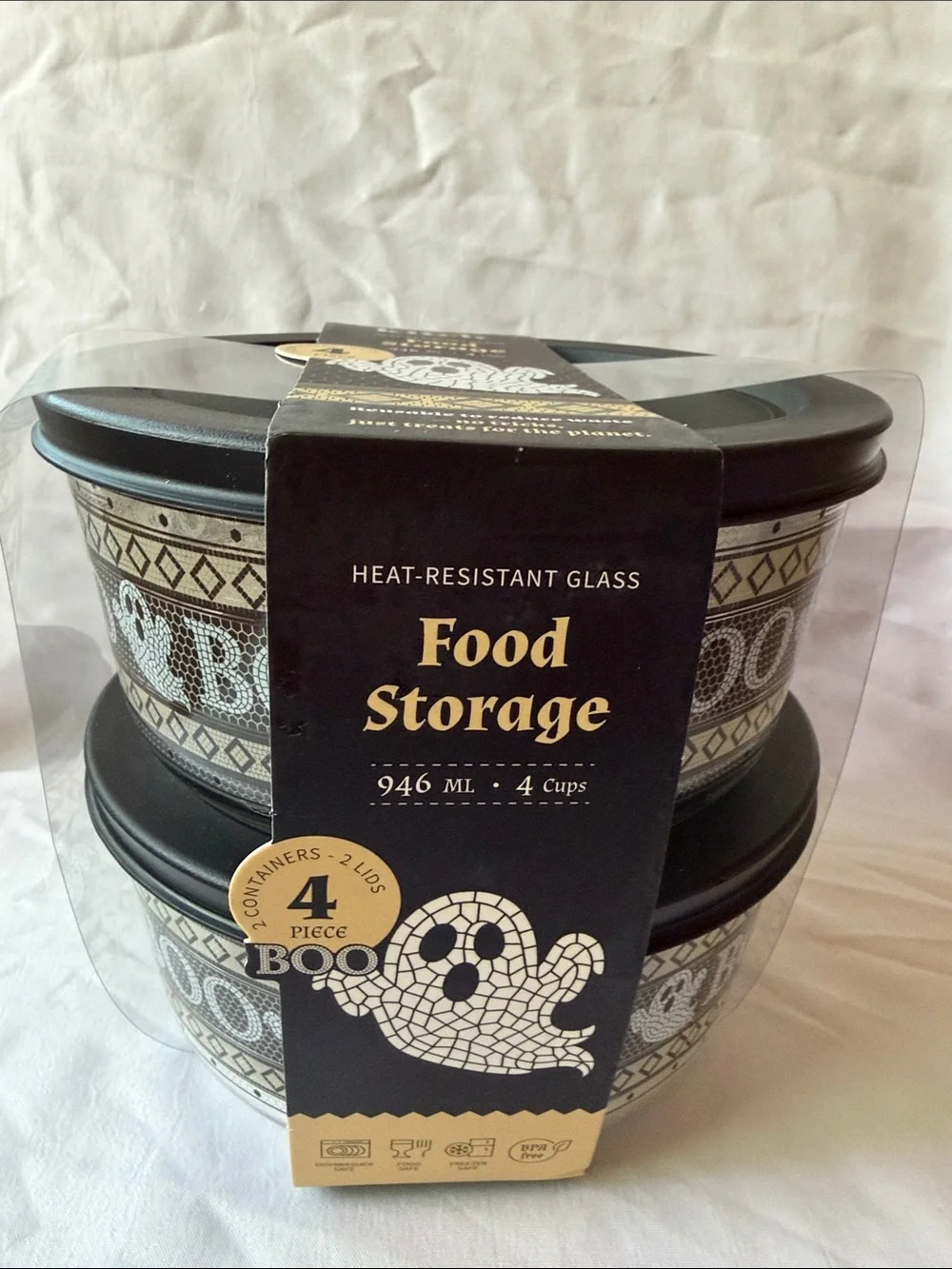 Heat-Resistant Glass Food Storage Set with Black Lids - Halloween Mosaic Design